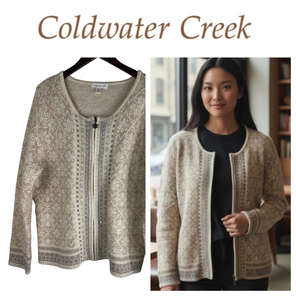 NEW Coldwater Creek Zip Cardigan Sweater XL 18 Snowflake Wool Fair Isle Nordic - Picture 1 of 6